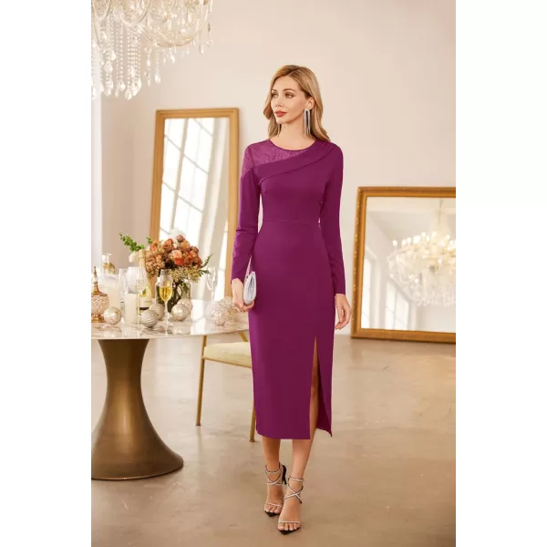 GRACE KARIN Womens 2023 Wedding Guest Cocktail Dress Fall Long Sleeve Elegant Formal Bodycon Patchwork Midi DressRed Violet