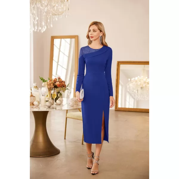 GRACE KARIN Womens 2023 Wedding Guest Cocktail Dress Fall Long Sleeve Elegant Formal Bodycon Patchwork Midi DressRoyal Blue