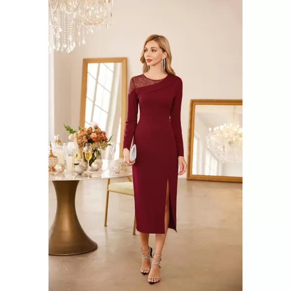 GRACE KARIN Womens 2023 Wedding Guest Cocktail Dress Fall Long Sleeve Elegant Formal Bodycon Patchwork Midi DressWine Dark Red