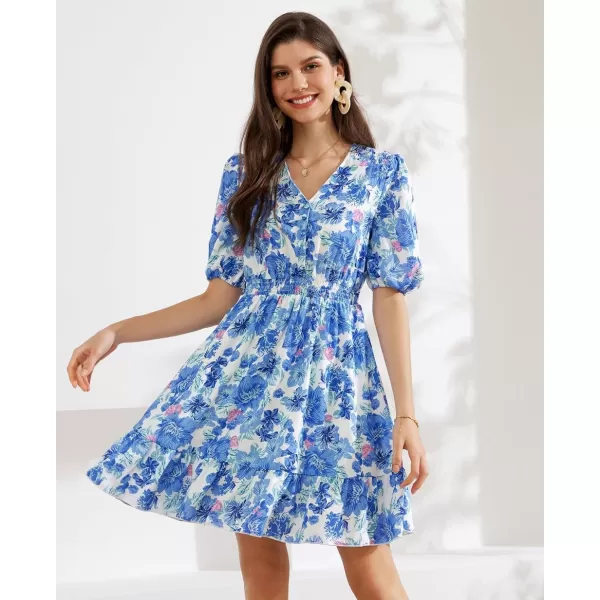 GRACE KARIN Womens 2024 Casual Dress Summer V Neck Short Sleeve Tiered Flowy Beach Dresses with ButtonBlue