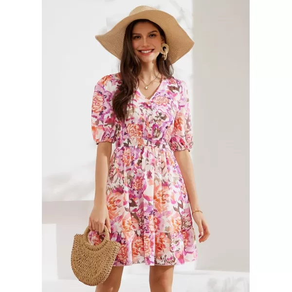 GRACE KARIN Womens 2024 Casual Dress Summer V Neck Short Sleeve Tiered Flowy Beach Dresses with ButtonPink