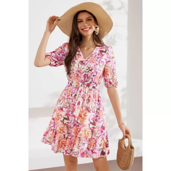 GRACE KARIN Womens 2024 Casual Dress Summer V Neck Short Sleeve Tiered Flowy Beach Dresses with ButtonPink