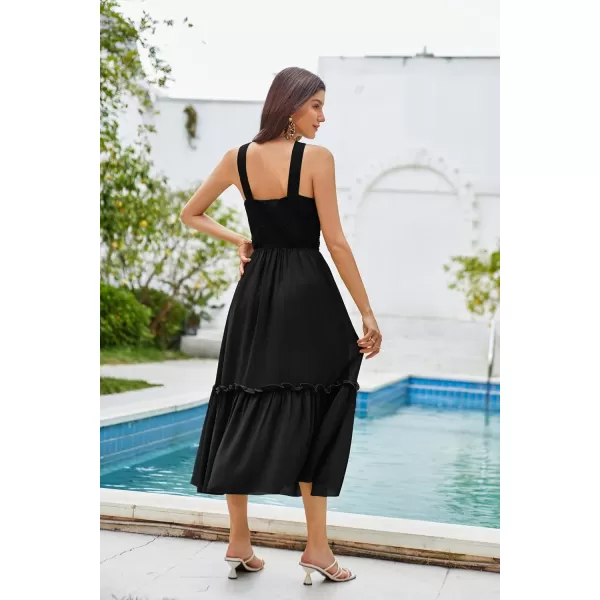 GRACE KARIN Womens 2024 Casual Summer Sleeveless Flowy Maxi Halter Neck Smocked Tiered Wedding Guest Beach Long DressesBlack