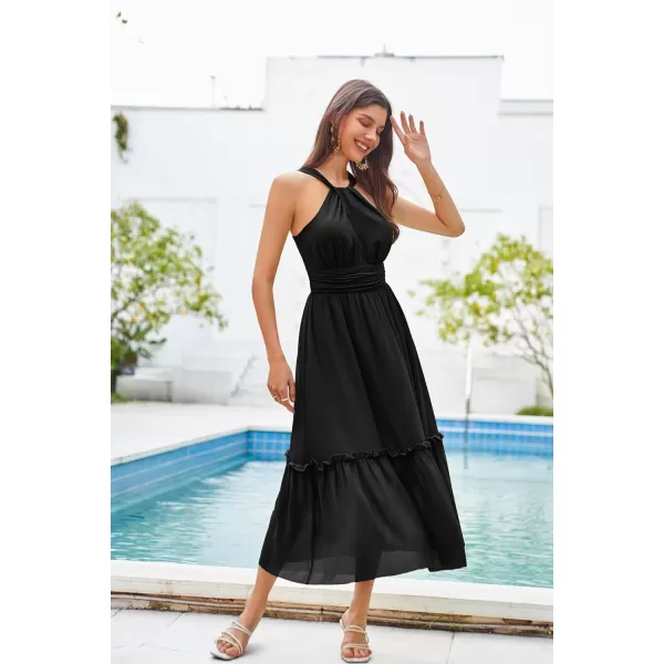 GRACE KARIN Womens 2024 Casual Summer Sleeveless Flowy Maxi Halter Neck Smocked Tiered Wedding Guest Beach Long DressesBlack