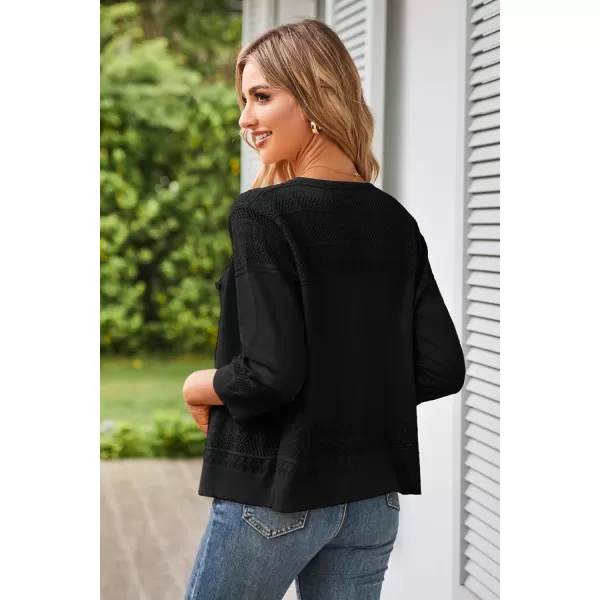 GRACE KARIN Womens 2024 Cropped Cardigan 34 Sleeve Lightweight Crochet Shrug HollowedOut Knit Sweater TopsBlack