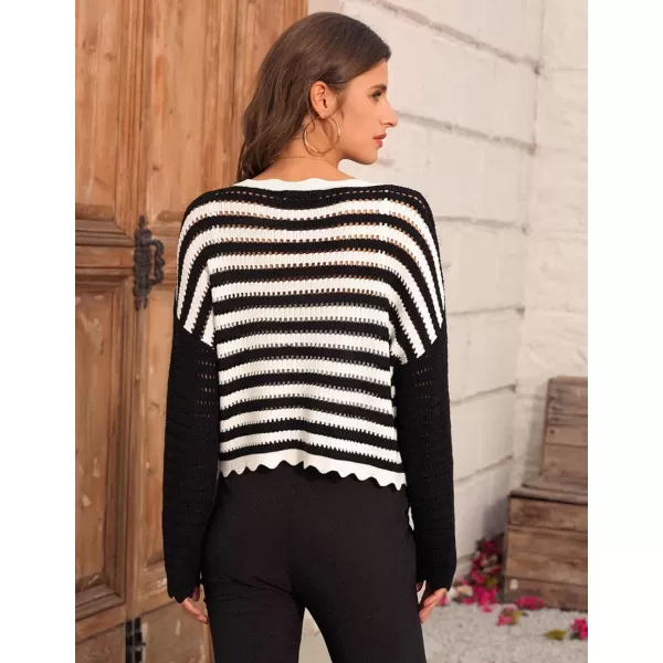 GRACE KARIN Womens 2024 Cropped Cardigan Lightweight Crochet Knit Sweater Back Striped HollowOut Bolero Shrug for DressesBlack  White Stripe