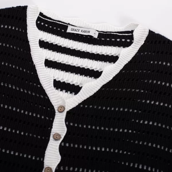 GRACE KARIN Womens 2024 Cropped Cardigan Lightweight Crochet Knit Sweater Back Striped HollowOut Bolero Shrug for DressesBlack  White Stripe