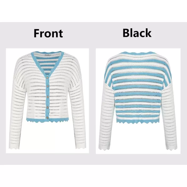 GRACE KARIN Womens 2024 Cropped Cardigan Lightweight Crochet Knit Sweater Back Striped HollowOut Bolero Shrug for DressesWhite  Blue Stripe