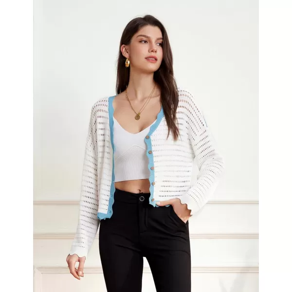 GRACE KARIN Womens 2024 Cropped Cardigan Lightweight Crochet Knit Sweater Back Striped HollowOut Bolero Shrug for DressesWhite  Blue Stripe