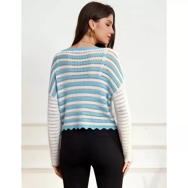 GRACE KARIN Womens 2024 Cropped Cardigan Lightweight Crochet Knit Sweater Back Striped HollowOut Bolero Shrug for DressesWhite  Blue Stripe