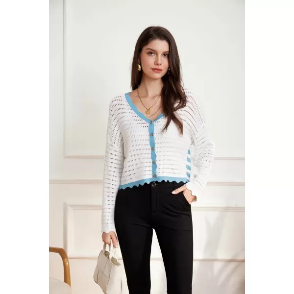 GRACE KARIN Womens 2024 Cropped Cardigan Lightweight Crochet Knit Sweater Back Striped HollowOut Bolero Shrug for DressesWhite  Blue Stripe