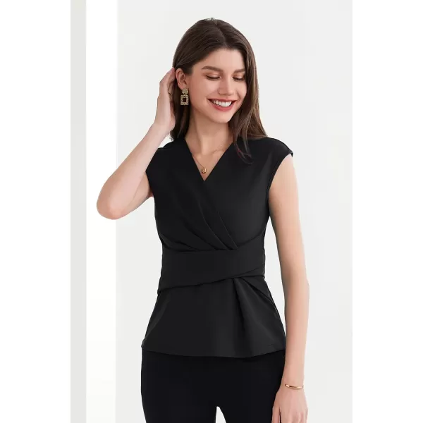 GRACE KARIN Womens 2024 Dressy Tops Casual Short Cap Sleeve Peplum Blouses Summer Wrap V Neck Work Business Shirt TopBlack