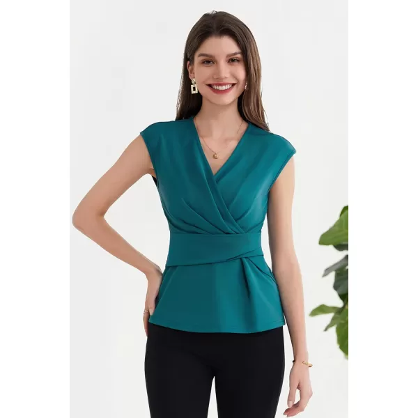 GRACE KARIN Womens 2024 Dressy Tops Casual Short Cap Sleeve Peplum Blouses Summer Wrap V Neck Work Business Shirt TopBlue Green