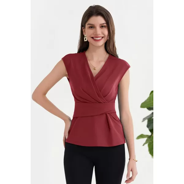 GRACE KARIN Womens 2024 Dressy Tops Casual Short Cap Sleeve Peplum Blouses Summer Wrap V Neck Work Business Shirt TopDark Red