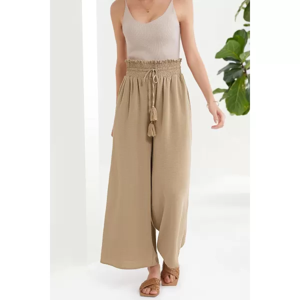 GRACE KARIN Womens 2024 Elastic High Waisted Palazzo Pants Loose Casual Wide Leg Lounge Boho Pant Trousers with PocketKhaki