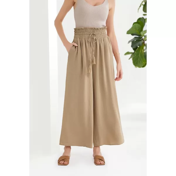 GRACE KARIN Womens 2024 Elastic High Waisted Palazzo Pants Loose Casual Wide Leg Lounge Boho Pant Trousers with PocketKhaki