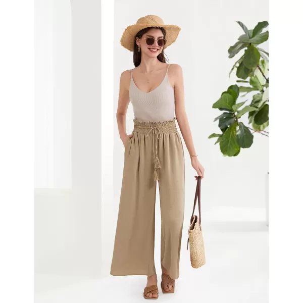 GRACE KARIN Womens 2024 Elastic High Waisted Palazzo Pants Loose Casual Wide Leg Lounge Boho Pant Trousers with PocketKhaki