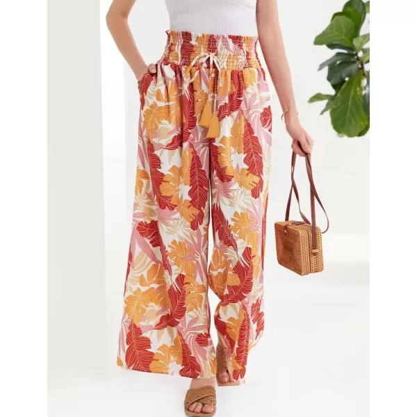 GRACE KARIN Womens 2024 Elastic High Waisted Palazzo Pants Loose Casual Wide Leg Lounge Boho Pant Trousers with PocketOrange Yellow Print