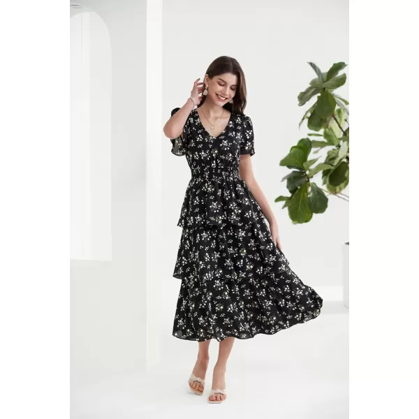 GRACE KARIN Womens 2024 Floral Summer Long Midi Dress V Neck Short Sleeve Ruffle Tiered Layered Boho Swing DressesBlack Floral