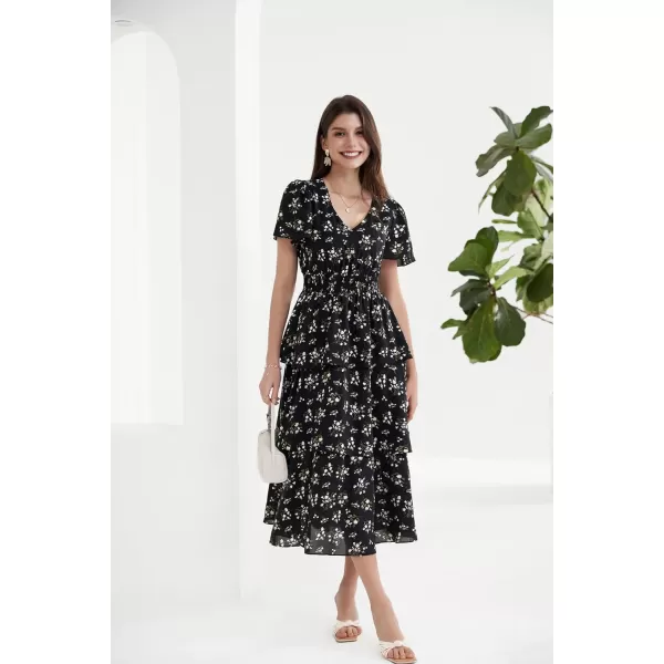 GRACE KARIN Womens 2024 Floral Summer Long Midi Dress V Neck Short Sleeve Ruffle Tiered Layered Boho Swing DressesBlack Floral