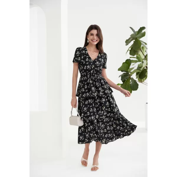 GRACE KARIN Womens 2024 Floral Summer Long Midi Dress V Neck Short Sleeve Ruffle Tiered Layered Boho Swing DressesBlack Floral