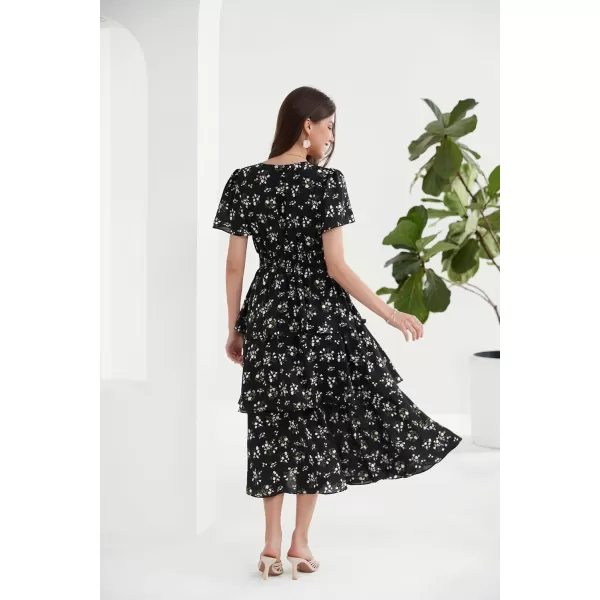 GRACE KARIN Womens 2024 Floral Summer Long Midi Dress V Neck Short Sleeve Ruffle Tiered Layered Boho Swing DressesBlack Floral