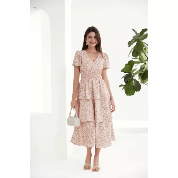 GRACE KARIN Womens 2024 Floral Summer Long Midi Dress V Neck Short Sleeve Ruffle Tiered Layered Boho Swing DressesOrange Floral
