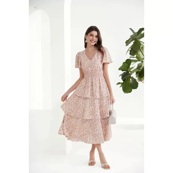 GRACE KARIN Womens 2024 Floral Summer Long Midi Dress V Neck Short Sleeve Ruffle Tiered Layered Boho Swing DressesOrange Floral