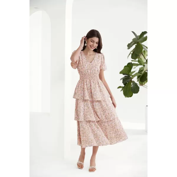 GRACE KARIN Womens 2024 Floral Summer Long Midi Dress V Neck Short Sleeve Ruffle Tiered Layered Boho Swing DressesOrange Floral