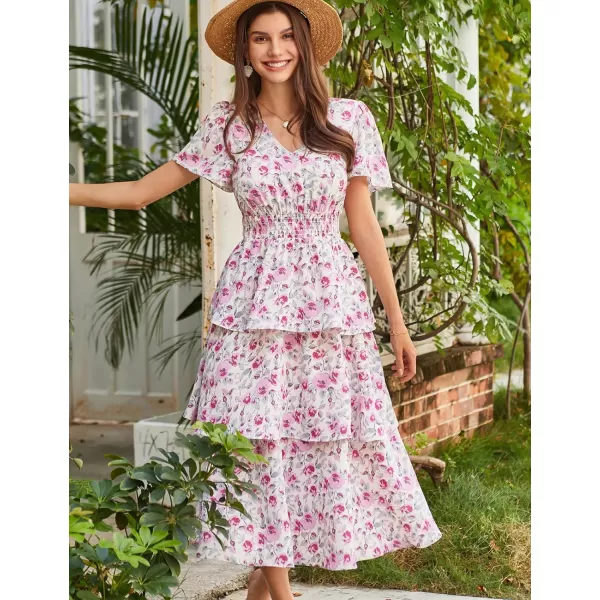 GRACE KARIN Womens 2024 Floral Summer Long Midi Dress V Neck Short Sleeve Ruffle Tiered Layered Boho Swing DressesPink Floral