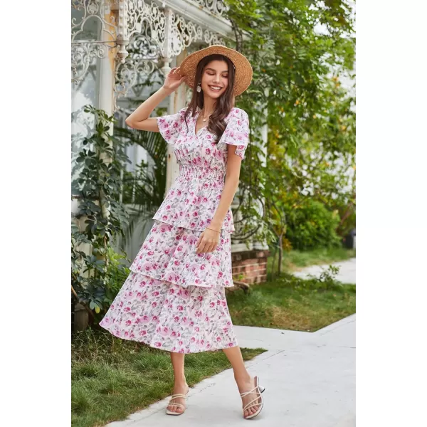 GRACE KARIN Womens 2024 Floral Summer Long Midi Dress V Neck Short Sleeve Ruffle Tiered Layered Boho Swing DressesPink Floral