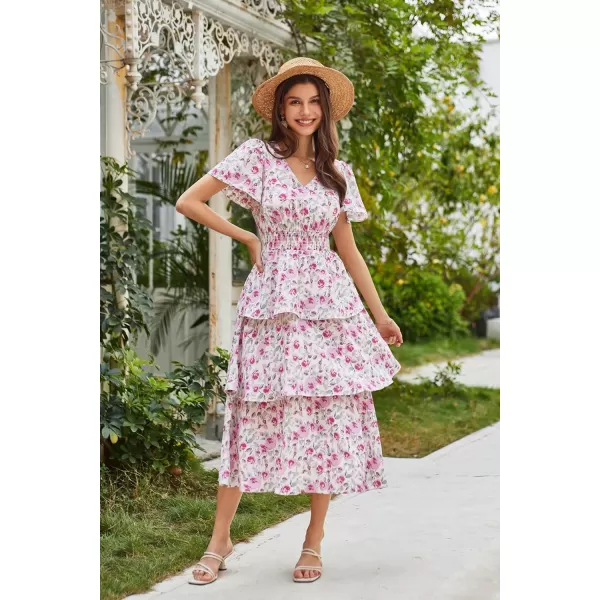 GRACE KARIN Womens 2024 Floral Summer Long Midi Dress V Neck Short Sleeve Ruffle Tiered Layered Boho Swing DressesPink Floral