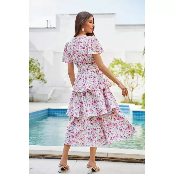 GRACE KARIN Womens 2024 Floral Summer Long Midi Dress V Neck Short Sleeve Ruffle Tiered Layered Boho Swing DressesPink Floral