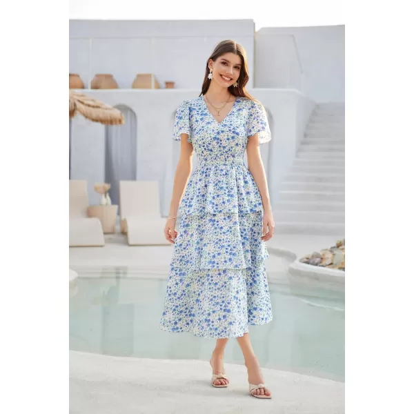 GRACE KARIN Womens 2024 Floral Summer Long Midi Dress V Neck Short Sleeve Ruffle Tiered Layered Boho Swing DressesWhite Blue Floral