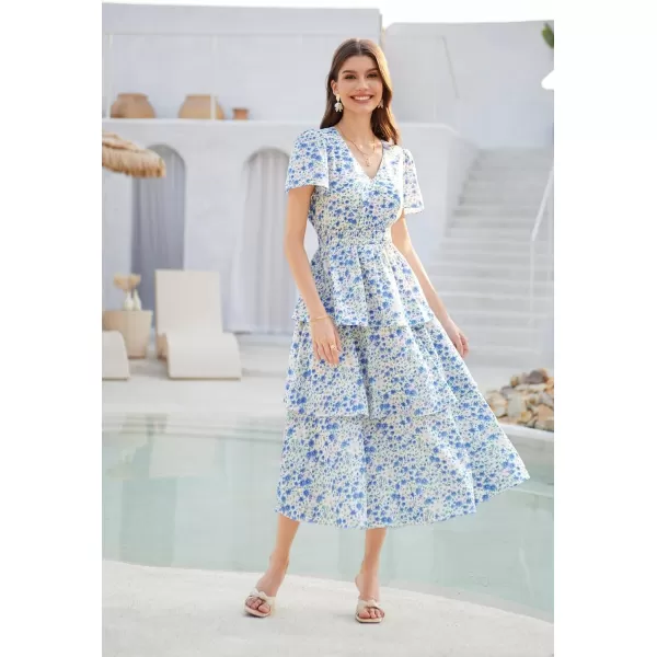 GRACE KARIN Womens 2024 Floral Summer Long Midi Dress V Neck Short Sleeve Ruffle Tiered Layered Boho Swing DressesWhite Blue Floral