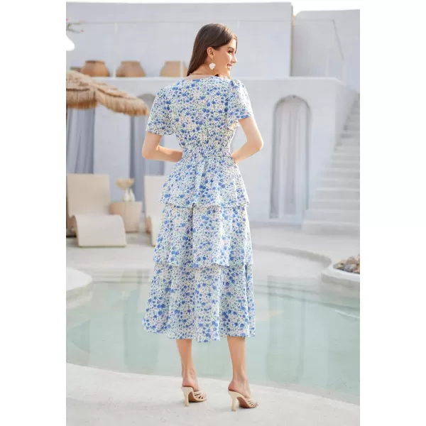 GRACE KARIN Womens 2024 Floral Summer Long Midi Dress V Neck Short Sleeve Ruffle Tiered Layered Boho Swing DressesWhite Blue Floral