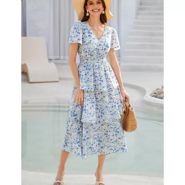 GRACE KARIN Womens 2024 Floral Summer Long Midi Dress V Neck Short Sleeve Ruffle Tiered Layered Boho Swing DressesWhite Blue Floral