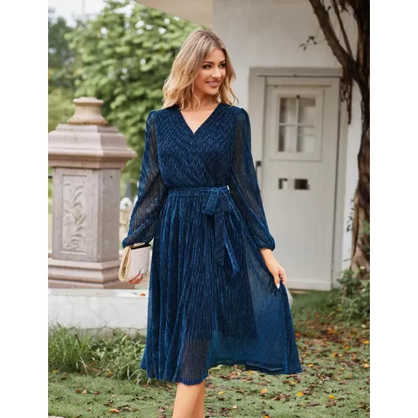 GRACE KARIN Womens 2024 Flowy Wrap V Neck Long Sleeve Midi Dress Glitter Chiffon Wedding Guest Dress with BeltNavy Blue