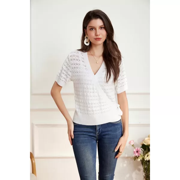 GRACE KARIN Womens 2024 Lightweight Short Sleeve Wrap VNeck Hollow Out Tie Croppe Cardigan Shrug SweatersIvory