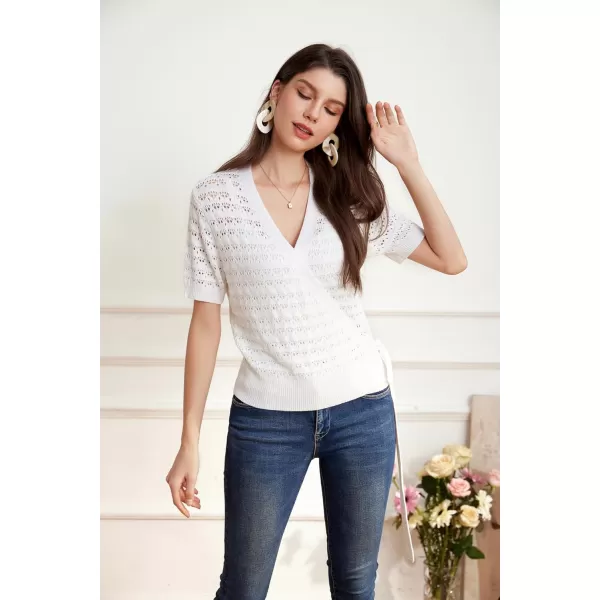 GRACE KARIN Womens 2024 Lightweight Short Sleeve Wrap VNeck Hollow Out Tie Croppe Cardigan Shrug SweatersIvory