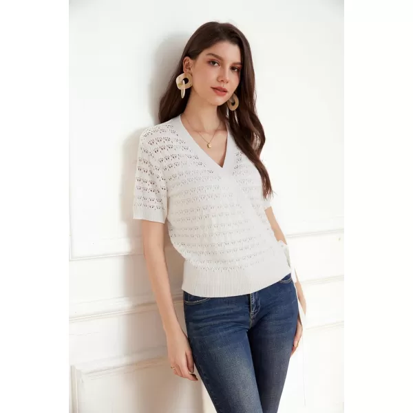 GRACE KARIN Womens 2024 Lightweight Short Sleeve Wrap VNeck Hollow Out Tie Croppe Cardigan Shrug SweatersIvory