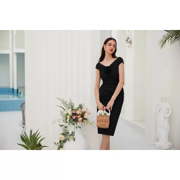 GRACE KARIN Womens 2024 Off Shoulder Bodycon Dress Summer Ruched Flower Party DressBlack