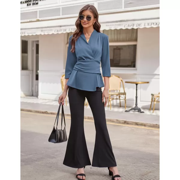 GRACE KARIN Womens 2024 Peplum Tops Dressy Wrap V Neck 34 Sleeve Work Blouse Solid Tie Waist Business Casual ShirtsGray Blue