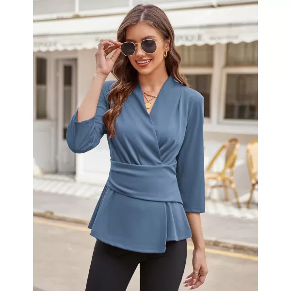 GRACE KARIN Womens 2024 Peplum Tops Dressy Wrap V Neck 34 Sleeve Work Blouse Solid Tie Waist Business Casual ShirtsGray Blue