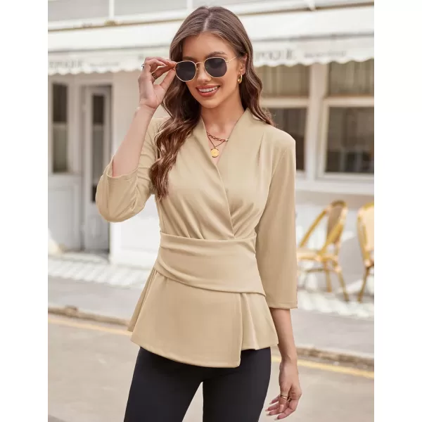 GRACE KARIN Womens 2024 Peplum Tops Dressy Wrap V Neck 34 Sleeve Work Blouse Solid Tie Waist Business Casual ShirtsKhaki