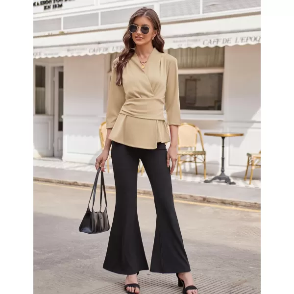 GRACE KARIN Womens 2024 Peplum Tops Dressy Wrap V Neck 34 Sleeve Work Blouse Solid Tie Waist Business Casual ShirtsKhaki