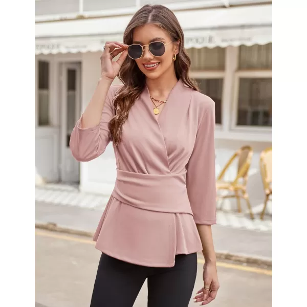 GRACE KARIN Womens 2024 Peplum Tops Dressy Wrap V Neck 34 Sleeve Work Blouse Solid Tie Waist Business Casual ShirtsPink