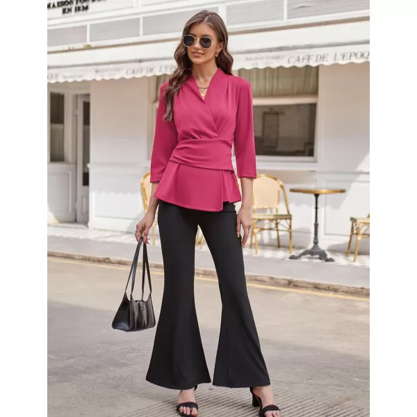 GRACE KARIN Womens 2024 Peplum Tops Dressy Wrap V Neck 34 Sleeve Work Blouse Solid Tie Waist Business Casual ShirtsRose Red