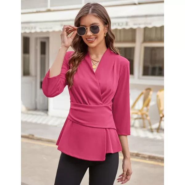 GRACE KARIN Womens 2024 Peplum Tops Dressy Wrap V Neck 34 Sleeve Work Blouse Solid Tie Waist Business Casual ShirtsRose Red