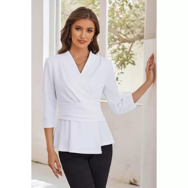 GRACE KARIN Womens 2024 Peplum Tops Dressy Wrap V Neck 34 Sleeve Work Blouse Solid Tie Waist Business Casual ShirtsWhite